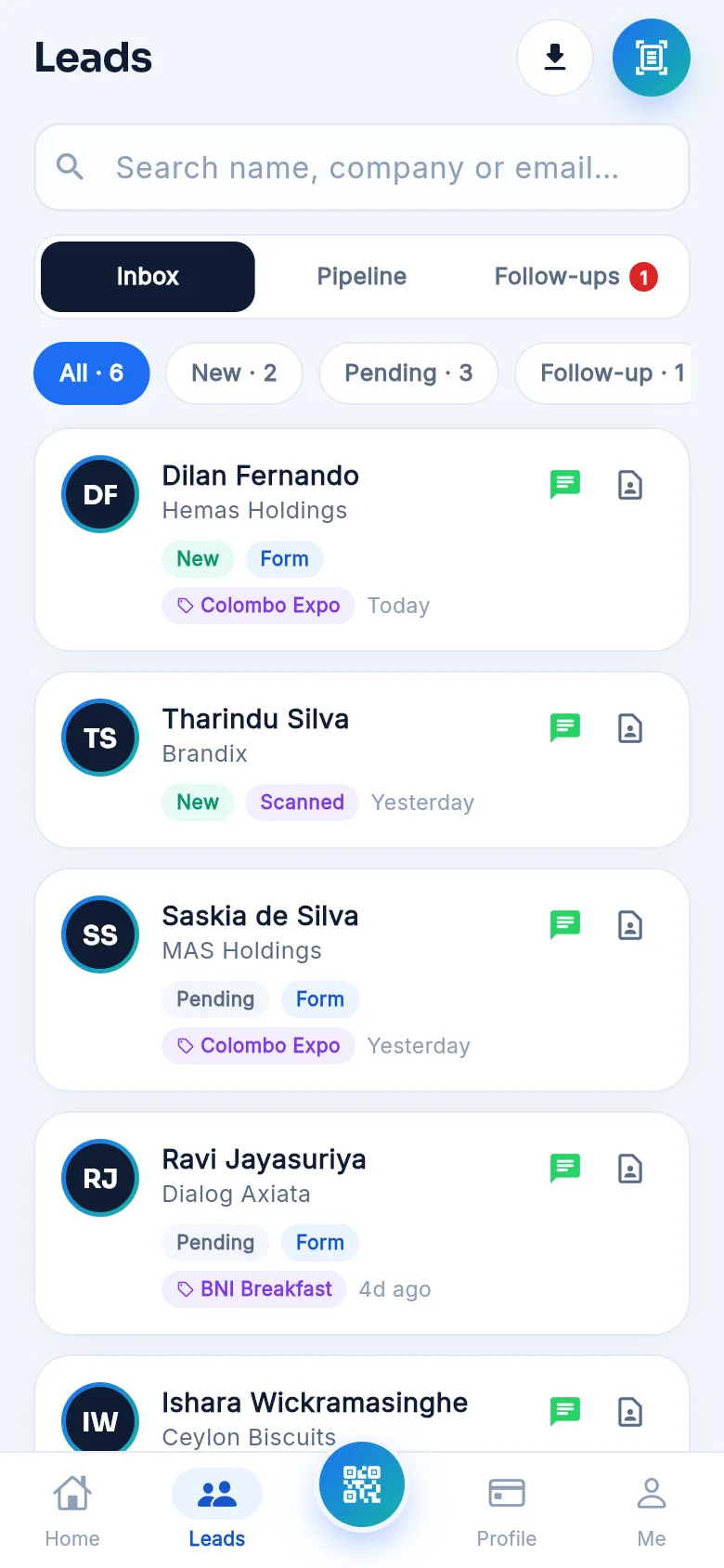 The TapID leads inbox: every tap becomes a connection with notes, tags and follow-up reminders