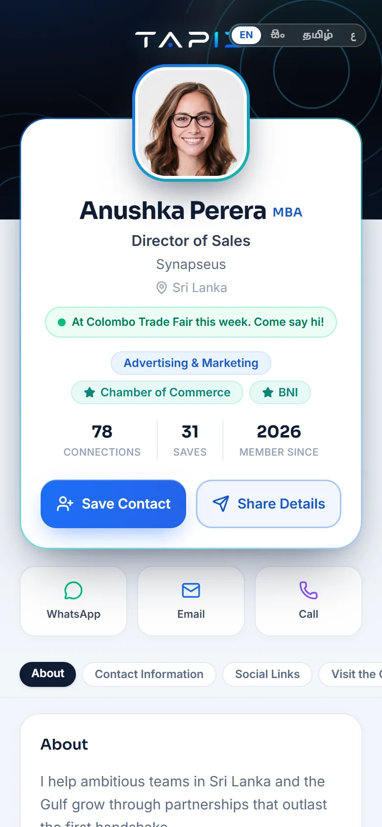A real TapID public profile: photo, credentials, live status and one-tap contact save